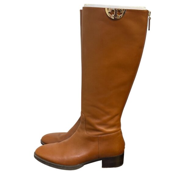 Tory Burch Sidney Brown Knee-High Leather Boots Size 8 With Gold Logo Accent - Picture 6 of 12
